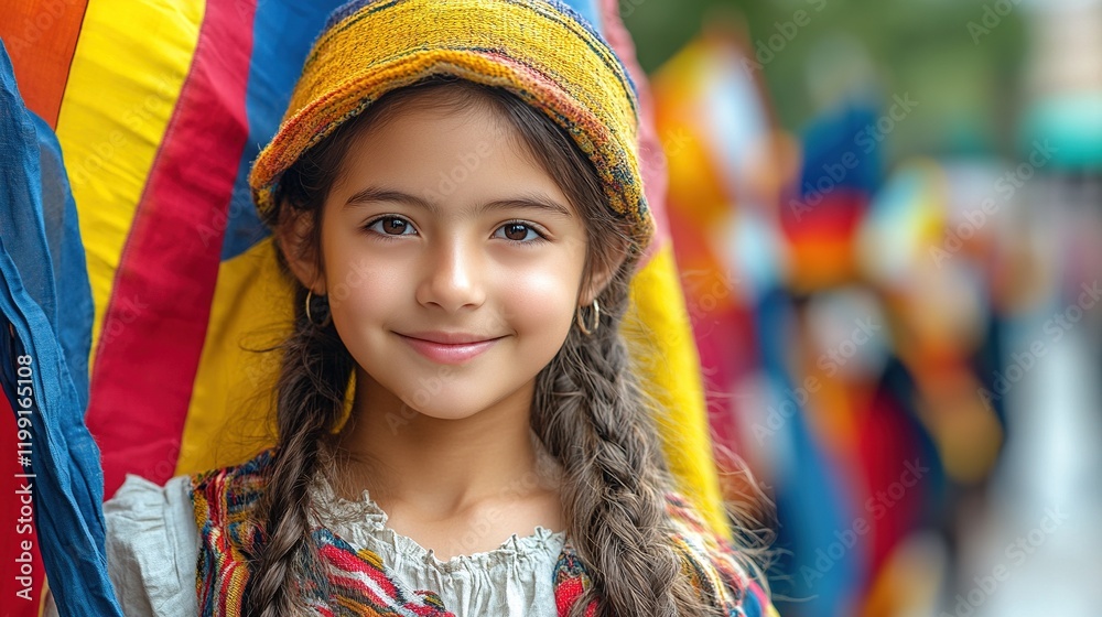 Fototapeta premium A young girl smiles while holding colorful flags, showcasing cultural heritage and celebration.