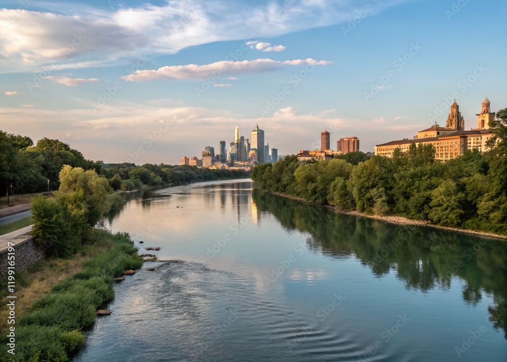 Serene River Cityscape: Breathtaking Panorama with Copy Space for Text Serene River Cityscape: Breathtaking Panorama with Copy Space for Text