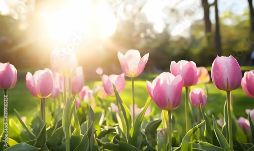 Vibrant pink tulips bathed in warm sunlight, creating a cheerful spring scene. Perfect for greeting cards, websites, or springtime themes.