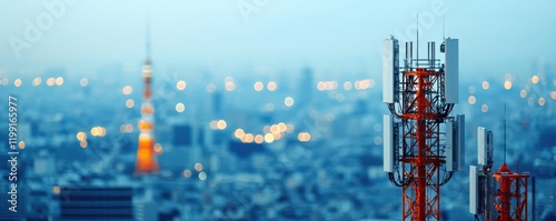 A close-up of a telecommunications tower with a city skyline in the background, illuminated by lights at dusk, showcasing modern urban technology.