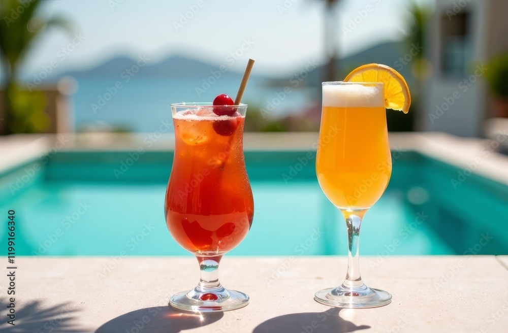 two bright refreshing cocktails in glasses on the background of the pool, all inclusive, lemonade two bright refreshing cocktails in glasses on the background of the pool, all inclusive, lemonade