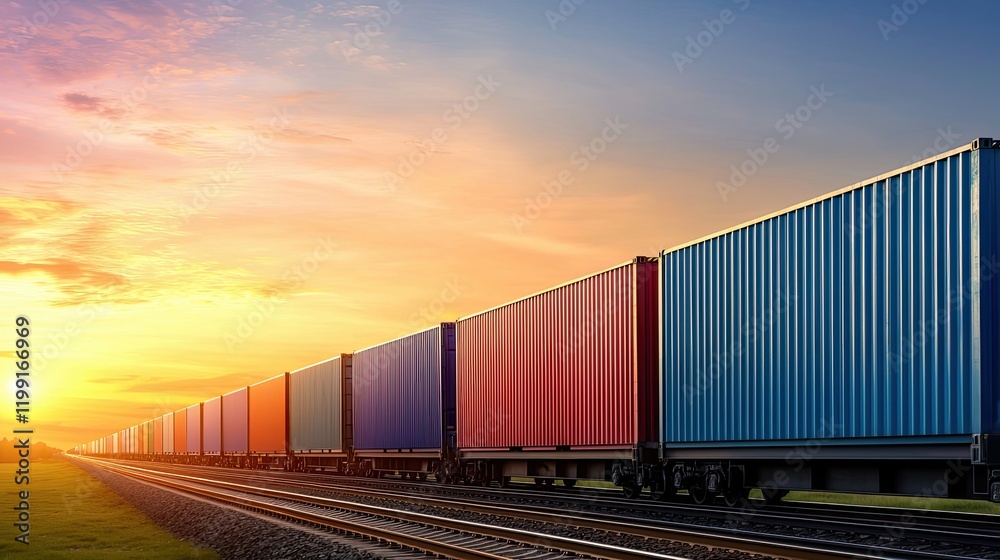 Fototapeta premium Container train transport at sunset landscape