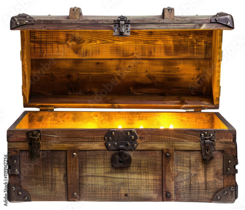 PNG Open wooden chest treasure vintage glowing. photo