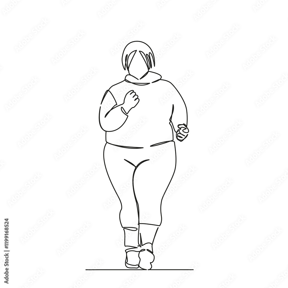 Fototapeta premium One continuous single drawing line art flat doodle overweight, person, jogging, running, sport, woman, lifestyle, adult, female, outdoors. Isolated image hand draw contour on a white background, hand 