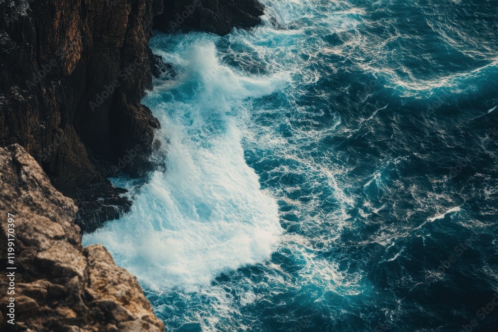 Fototapeta premium Dramatic action of powerful ocean waves crashing against rocky cliffs coastal landscape aerial view nature's force and beauty