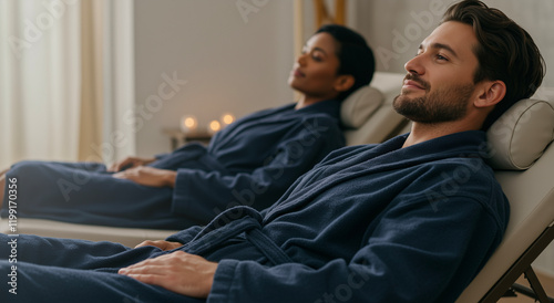 Couple, relaxing and spa with robe, wellness and treatment at resort for massage, health and leisure in vacation or retreat #1199170356