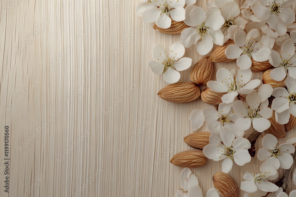 Almonds and blossoms arranged on light wood. Almonds and blossoms arranged on light wood.