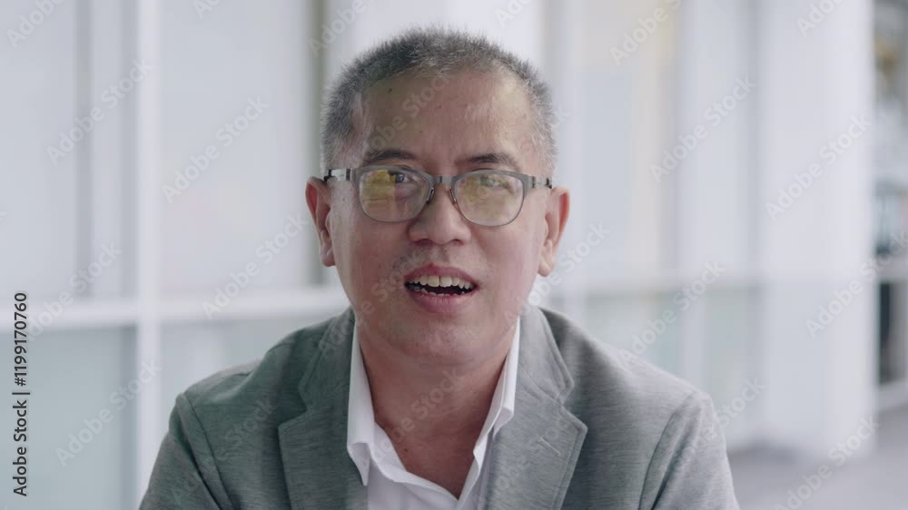 Senior businessman video calls to introduce himself to team before meeting Senior businessman video calls to introduce himself to team before meeting