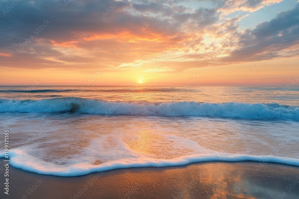 Fototapeta premium Tranquil evening waves at the beach coastal sunset scene serene environment captivating viewpoint nature's beauty unveiled