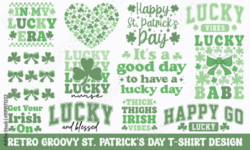 retro St. Patrick's Day T-shirt Design Bundle, Saint Patrick's Day bundle, Shamrock svg, happy go lucky, happy st. patrick's day