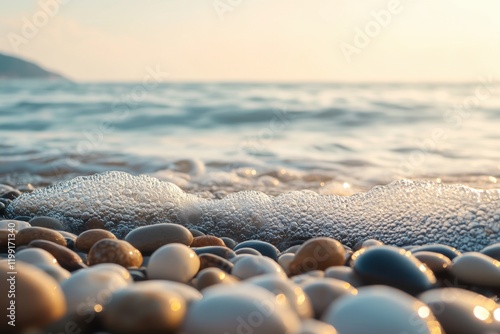 Gentle waves caressing smooth pebbles on a tranquil beach at sunset nature photography serene coastal environment close-up view for relaxation and reflection photo