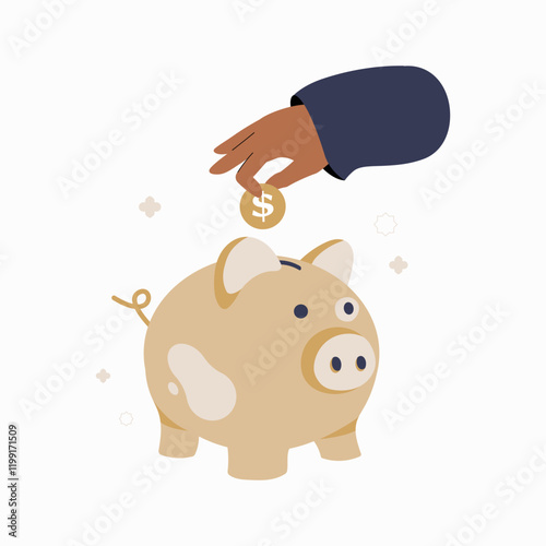 Hand putting coin in piggy bank in flat vector illustration symbolizing savings, wealth accumulation, and financial planning, isolated on white background.