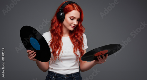 Redhead woman with vinyl records listening music with headphones for hobby, collection and sound. Girl, person and entertainment with audio, album and disc for vintage lifestyle