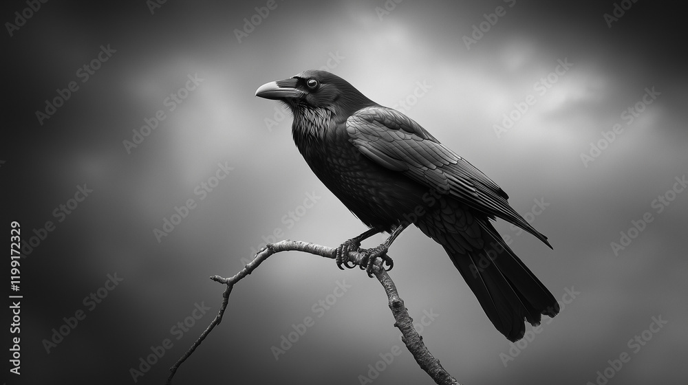 Fototapeta premium Common Raven Perched Majestic Moody Grayscale Branch Foggy Background