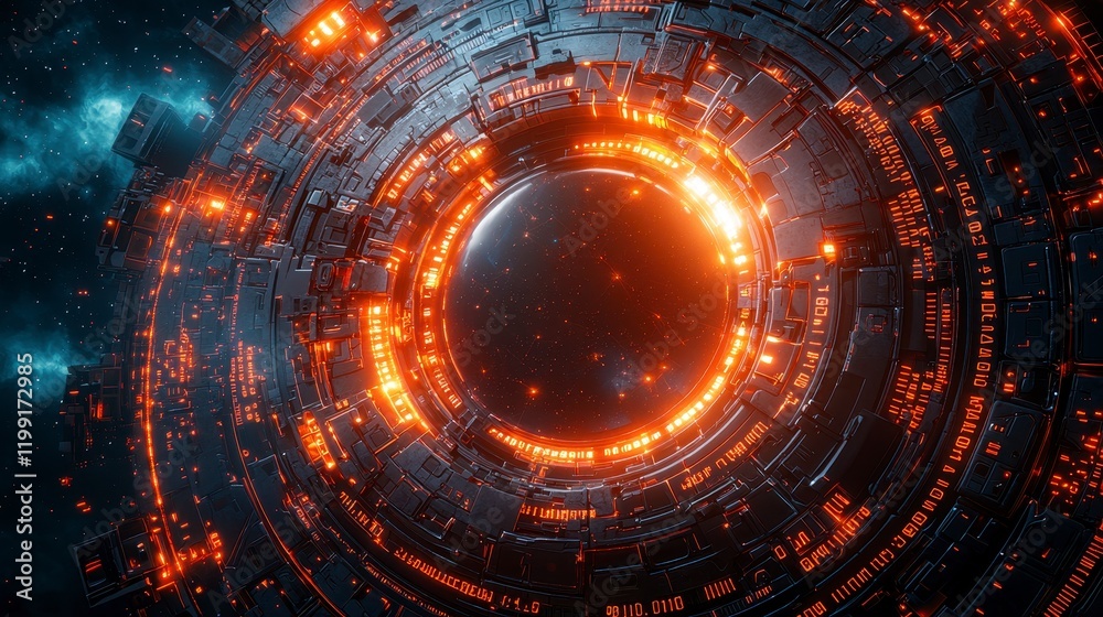 Glowing orange and dark blue futuristic spaceship portal. Glowing orange and dark blue futuristic spaceship portal.