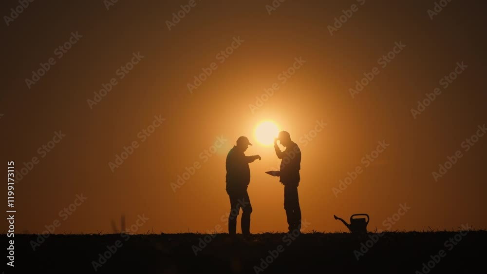 Two farmers stand silhouetted against a glowing sunset, engaged in a conversation while referencing a tablet. The serene rural setting includes a watering can in the background.