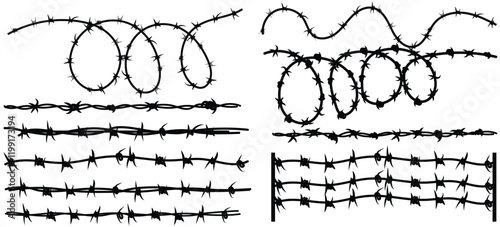 Twisted Barbed wire and fence set in line, round and square shapes. Steel black wire twists and spikes silhouette vector. Concept of protection, danger or security.