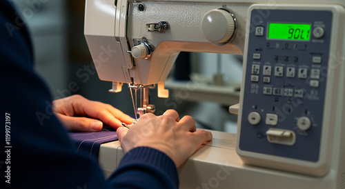 Sewing machine, hands and fabric in workshop for craft, skill and fashion with process and production. Textile, clothing and tailor for manufacturing, work and design for industry