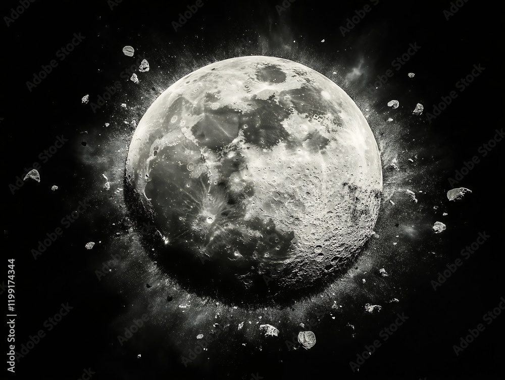 Naklejka premium Moon Exploding: Dramatic Black & White Celestial Art