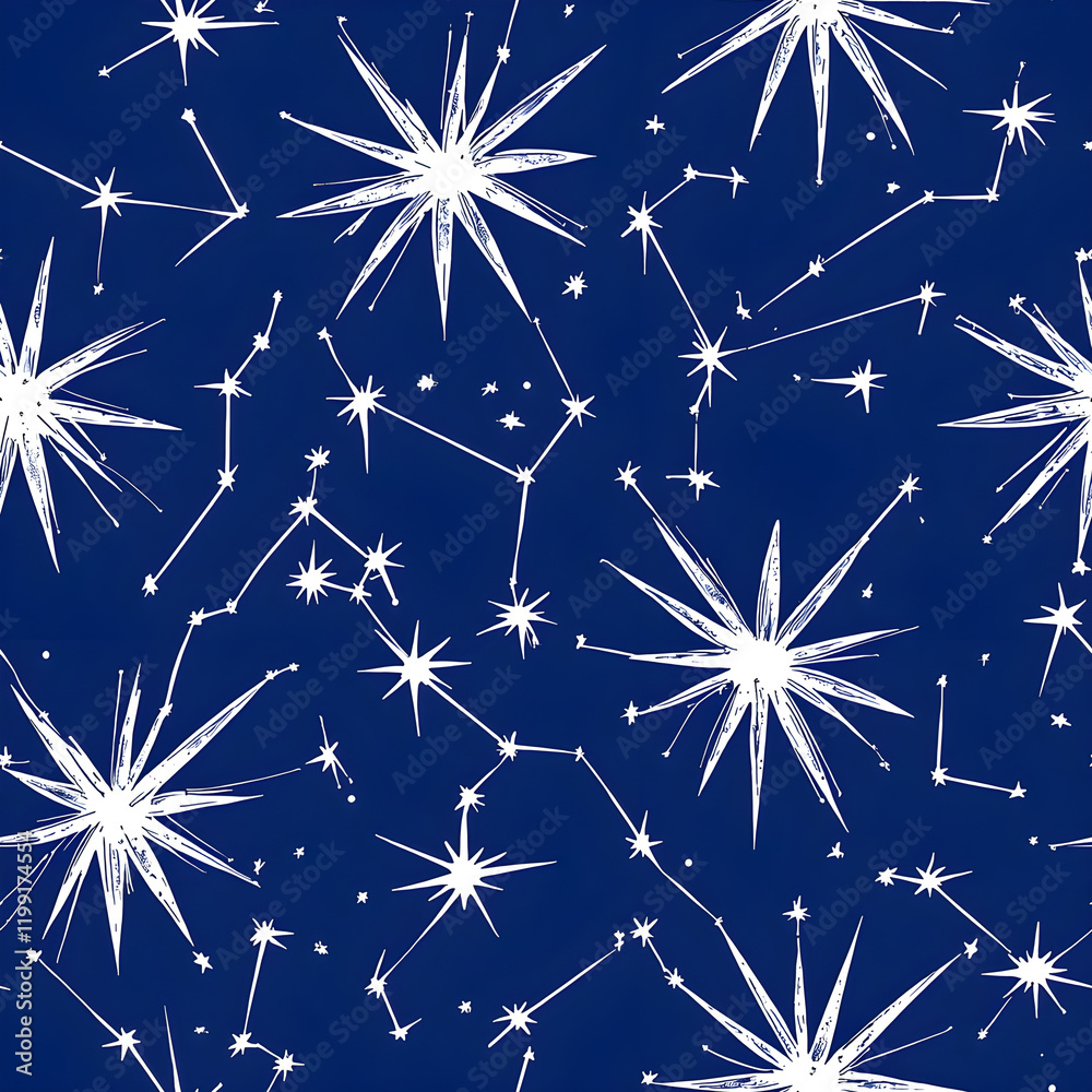 Fototapeta premium Starry night pattern with white stars on deep blue background