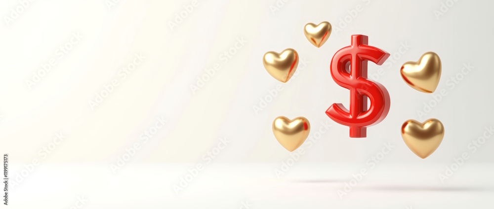 Fototapeta premium 3D red Dollar icon and golden hearts flying in zero gravity on clean white background. Free space for text.