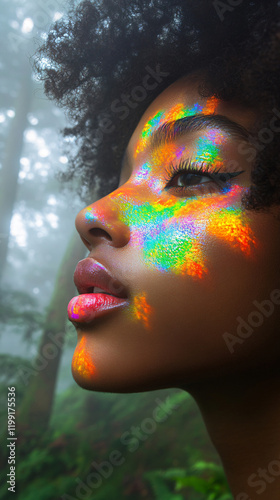 Close-up woman face illuminated vivid light pattern misty mountain backdrop mystical atmosphere natural beauty vibrant reflection girl adult profile model skin lips youth young sexy dreamy surreal