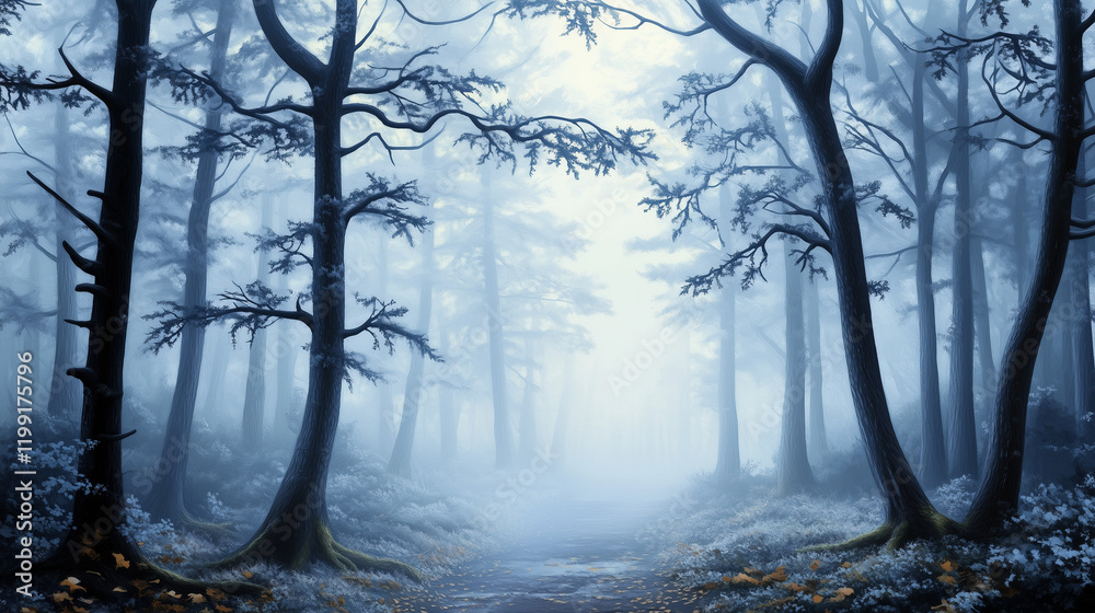 Naklejka premium Mystical Misty Forest Path with Dark Tree Silhouettes in Blue Tones