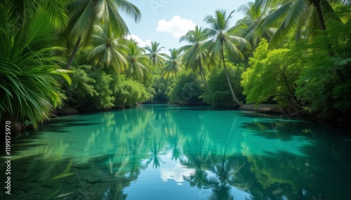 Crystal-clear turquoise lake surrounded by lush greenery.