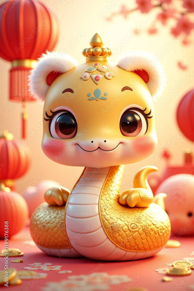 Fototapeta premium Golden Snake Elegance: Whimsical Lunar New Year Celebration with Prosperity and Charm