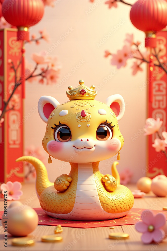Naklejka premium Golden Snake Elegance: Whimsical Lunar New Year Celebration with Prosperity and Charm