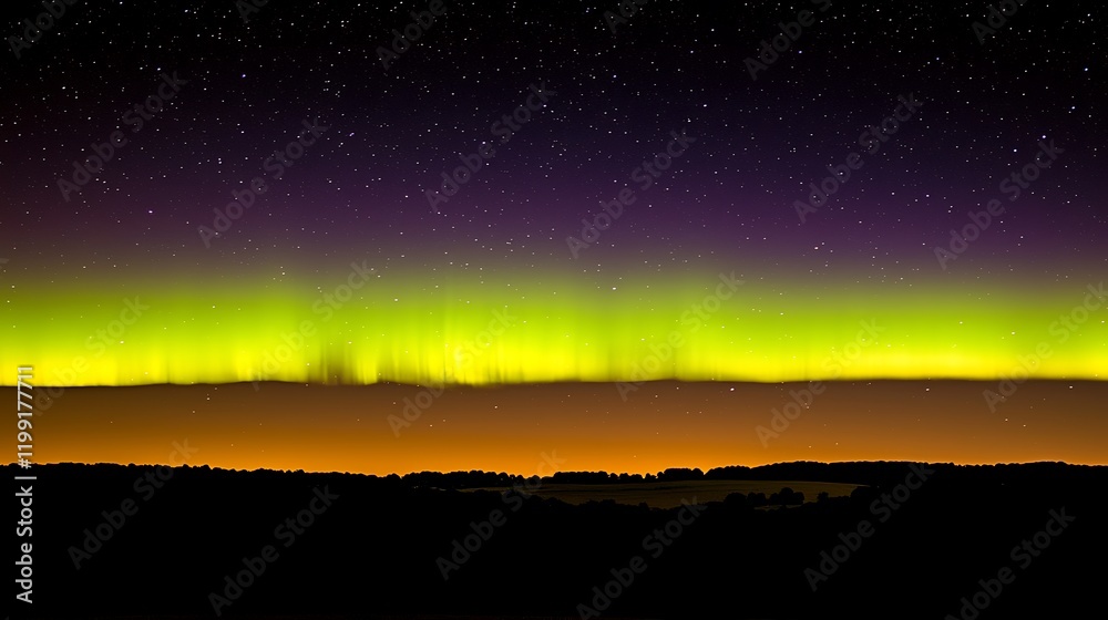 Luminous green and purple waves of color sweeping across the darkness of the night sky, creating an awe-inspiring aurora-like effect Luminous green and purple waves of color sweeping across the darkness of the night sky, creating an awe-inspiring aurora-like effect