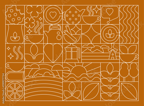 Tea Art Deco Print, Pattern. Linear Style Elements From Fields to Cups with Eco Symbols
