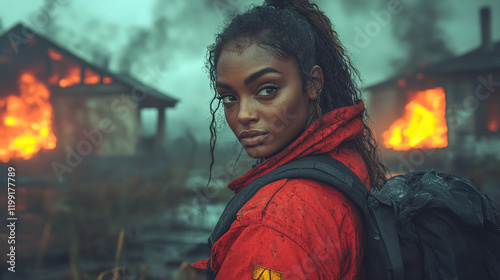 Afro fire rescue woman seriously puts out a fire in a resident's house photo