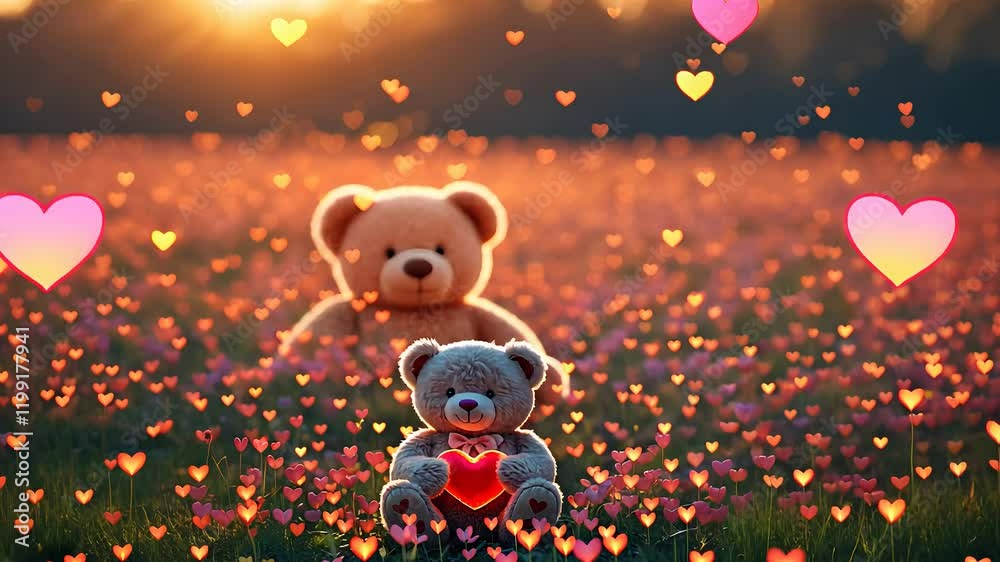 Adorable Teddy Bears in a Field of Flowers with Floating Hearts and a Warm Sunset Glow

