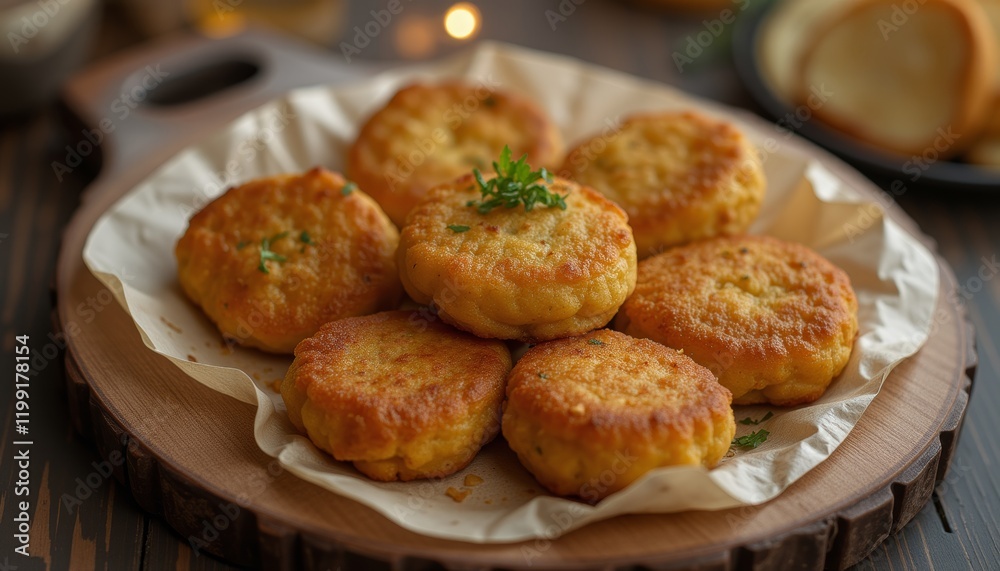 Crispy potato cakes garnished with herbs on a wooden platter. Crispy potato cakes garnished with herbs on a wooden platter.
