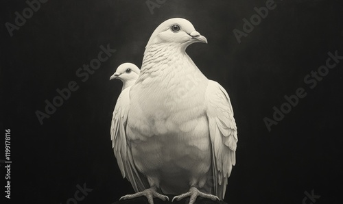 Two white doves, detailed drawing, dark background. photo