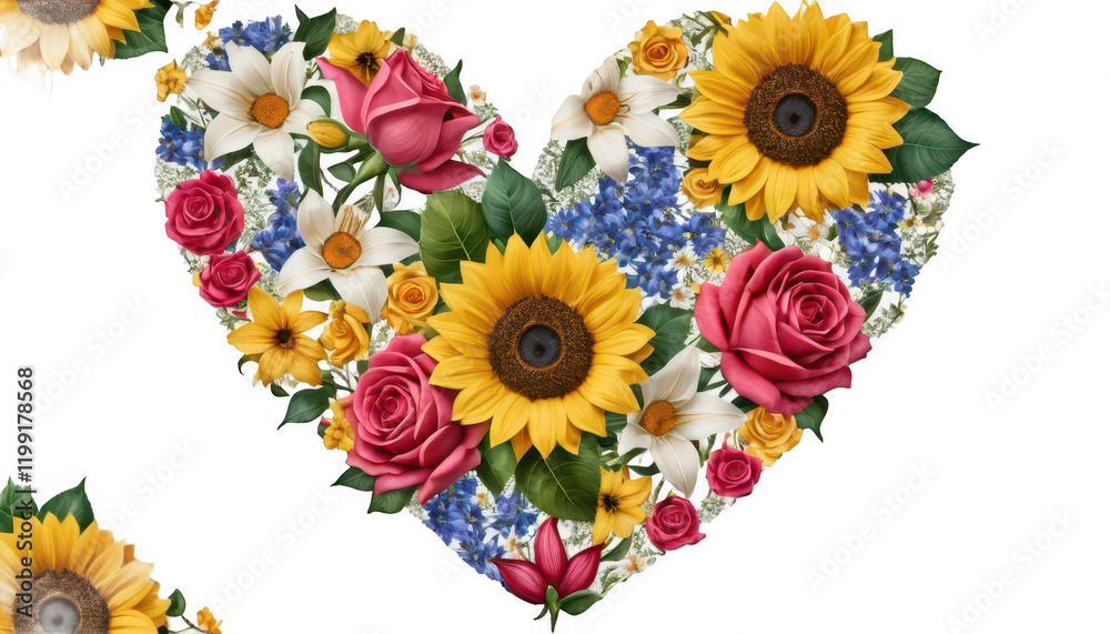 Naklejka premium A heart-shaped patchwork design of petals from different flowers—roses, lilies, and sunflowers—in vibrant colors, placed meticulously to form a symmetrical floral pattern, on a white transparent backg