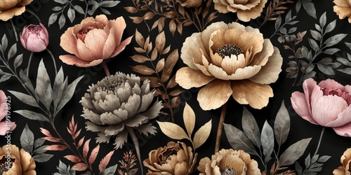 Elegant Botanical Watercolor Illustration with Minimalistic Floral Design on Black Background