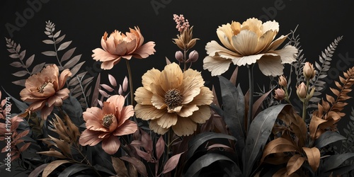 Elegant Botanical Watercolor Illustration with Minimalistic Floral Design on Black Background