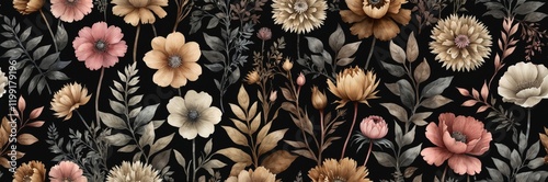 Elegant Botanical Watercolor Illustration with Minimalistic Floral Design on Black Background