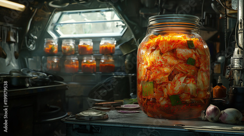 Close-up of a jar filled with vibrant homemade kimchi in a rustic kitchen with jars of kimchi in the background photo