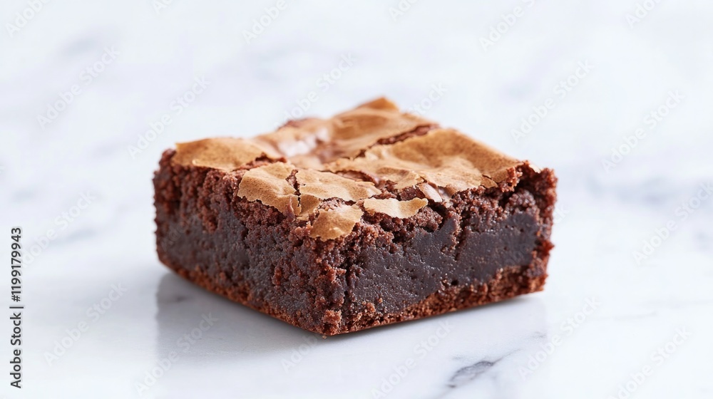 Rich chocolate brownie with glossy top and fudgy interior, perfe Rich chocolate brownie with glossy top and fudgy interior, perfe