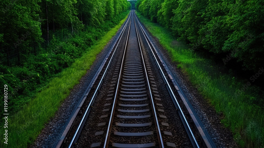Obraz premium Railroad Tracks Through Lush Green Forest