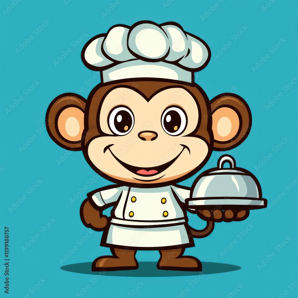 Monkey chef in uniform with silver cloche on solid background for kids book or menu use Monkey chef in uniform with silver cloche on solid background for kids book or menu use