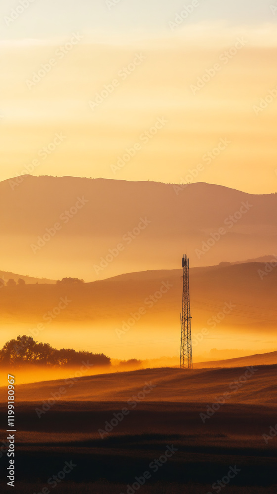 Naklejka premium Metal telecommunication tower rising in a foggy landscape at sunrise, creating a warm and mysterious atmosphere
