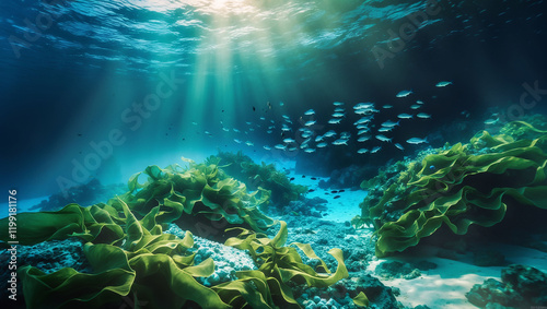 Underwater sea landscape with beautiful fish and coral reefs photo