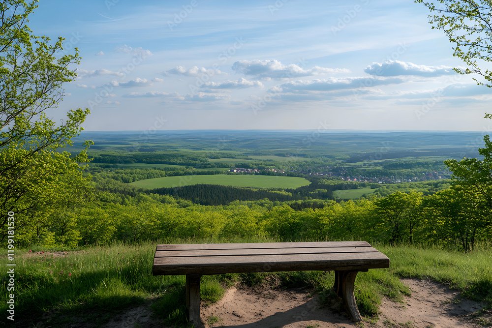 Serene vista from a wooden bench overlooking a vast, idyllic landscape. Perfect for relaxation, contemplation, or travel brochures. Serene vista from a wooden bench overlooking a vast, idyllic landscape. Perfect for relaxation, contemplation, or travel brochures.