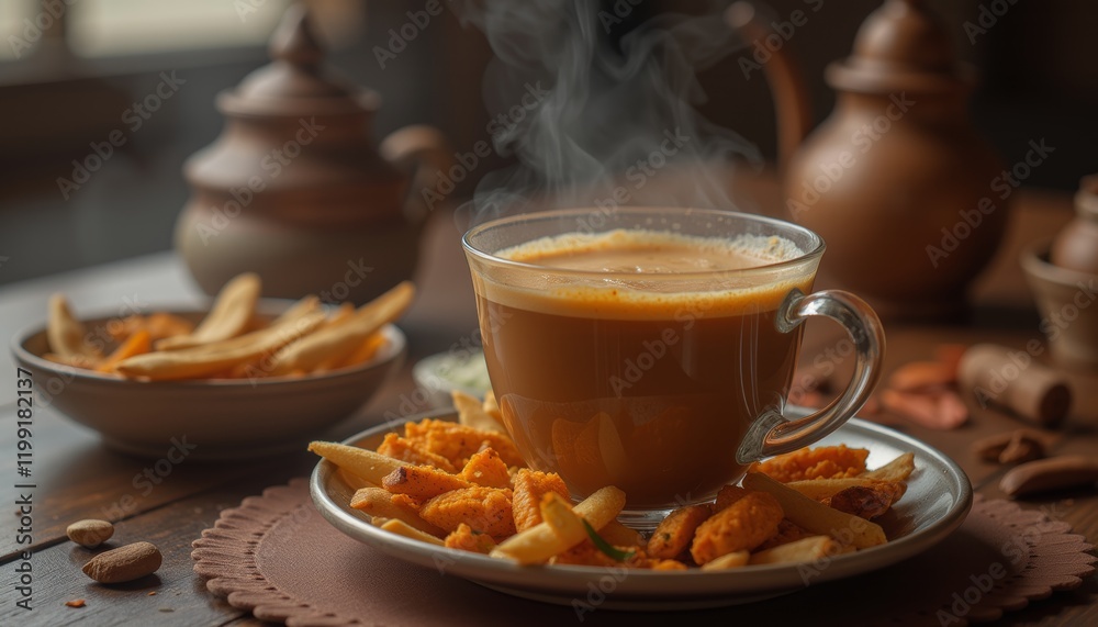 Hot spiced tea with snacks on a rustic table. Hot spiced tea with snacks on a rustic table.