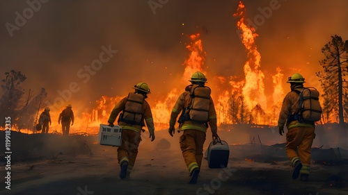Firefighters battling a massive forest fire , using hoses and equipment, with flames and smoke surrounding the rugged landscape,Generative Ai
