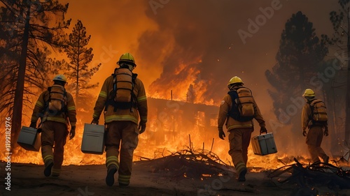 Firefighters battling a massive forest fire , using hoses and equipment, with flames and smoke surrounding the rugged landscape,Generative Ai
